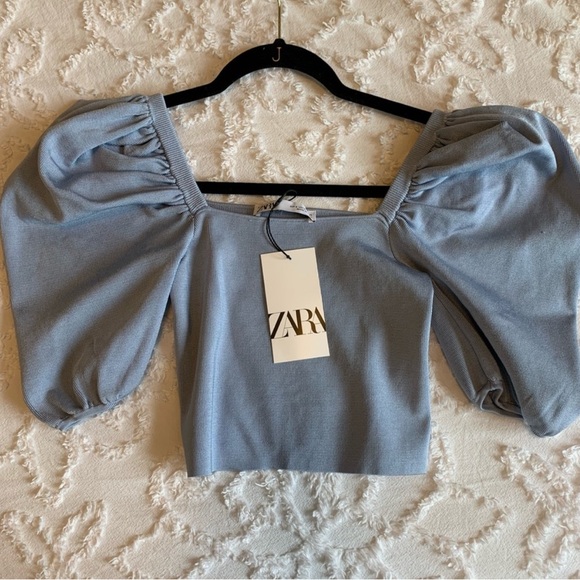 ASO Emily In Paris, Baby Blue Off-The-Shoulder Zara Ruffle Top, size Small - Picture 9 of 11